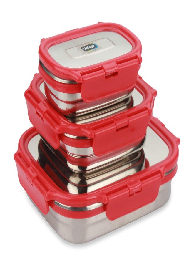 Veigo Premium Finish Classic Celebration Big, Small & Medium Stainless Steel Lunch Box Airtight Leakproof Easy to fit into Any Bags Perfect for Office,School,Outdoor-630ml+330ml+180ml Red - Image 1